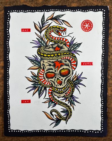 Snake and Skull — original painting by Buffalo tattoo artist Lowell Merritt