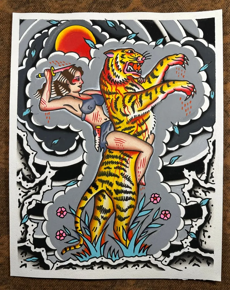 Tiger Hunt — original painting by Buffalo tattoo artist Lowell Merritt